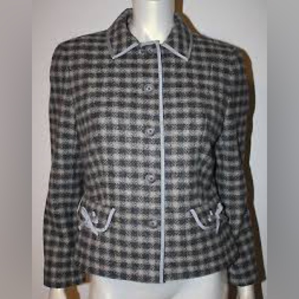 Brooks Brothers Gray Plaid Button-Up Jacket with Cream Trim 655